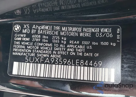 2006 BMW X5 4.8Is z USA, uszkodzony, nr VIN 5UXFA93596LE84469